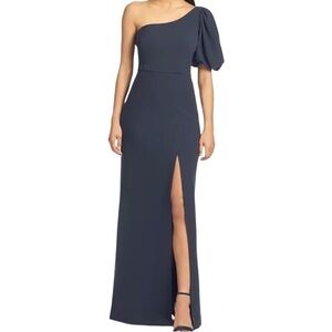 Sachin & Babi Navy Blue Nadia One Puff Shoulder Leg Slit A Line Formal Maxi Gown